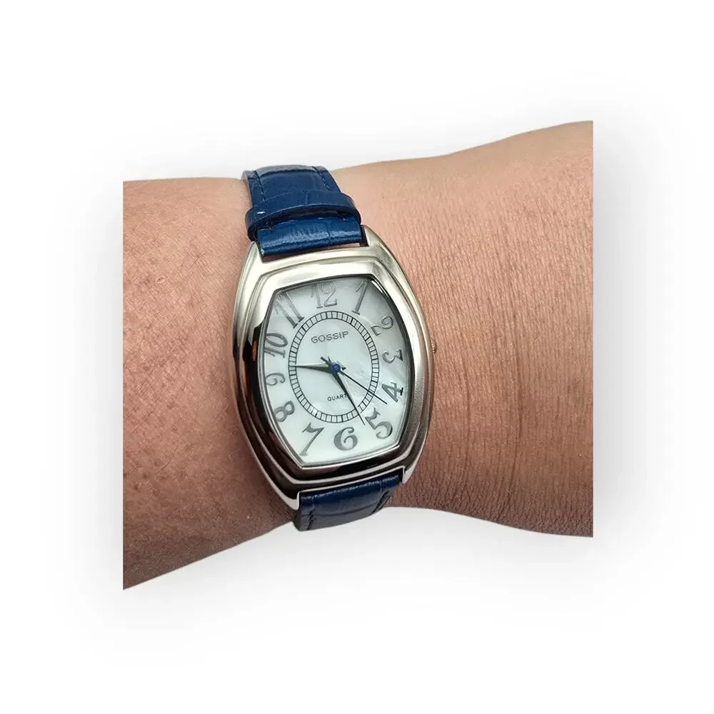 Gossip Blue Strap Silver Tone Tonneau Watch Vintage Inspired Everyday Chic